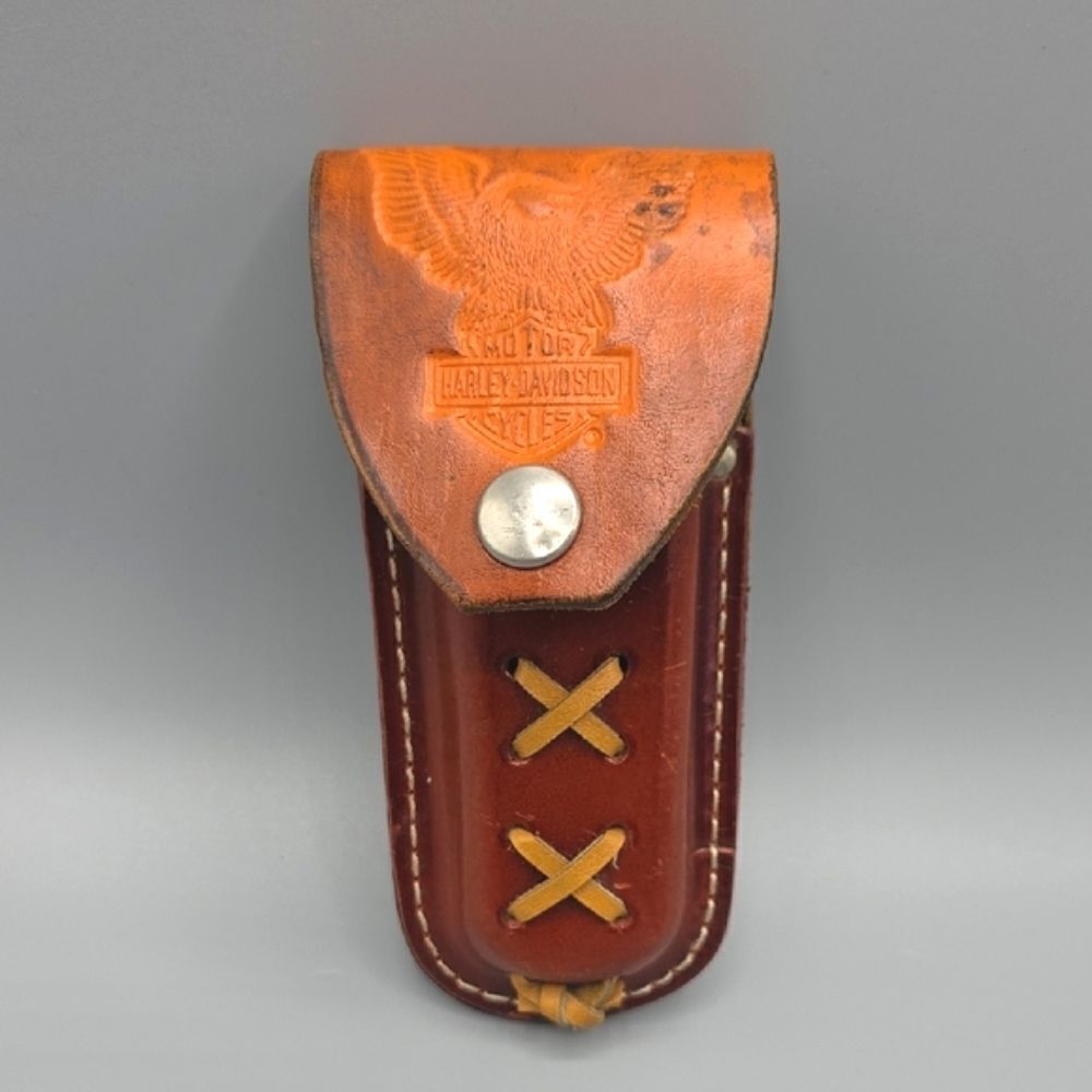 Harley-Davidson Brown and Orange Leather Bag with Cross-Stitch Design